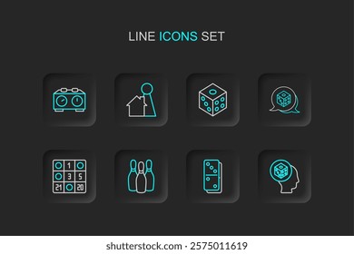 Set line Game dice, Domino, Bowling pin, Bingo card, Chip for board game and Time chess clock icon. Vector