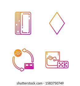 Set line Game dice and glass of whiskey with ice cubes, Casino chips exchange on stacks of dollars, Deck of playing cards and Playing card with diamonds symbol. Gradient color icons. Vector