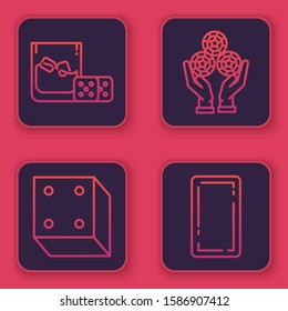 Set line Game dice and glass of whiskey with ice cubes, Game dice, Hand holding casino chips and Playing card back. Blue square button. Vector