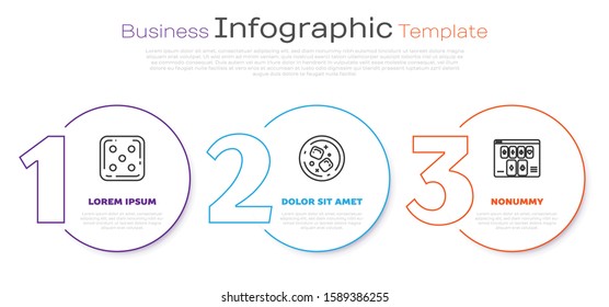 Set line Game dice, Glass of whiskey and ice cubes and Online poker table game. Business infographic template. Vector