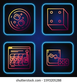 Set line Game dice and glass of whiskey with ice cubes, Online slot machine with lucky sevens jackpot, Glass of whiskey and ice cubes and Game dice. Gradient color icons. Vector