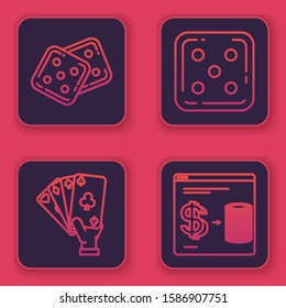 Set line Game dice, Hand holding playing cards, Game dice and Online casino chips exchange on stacks of dollars. Blue square button. Vector