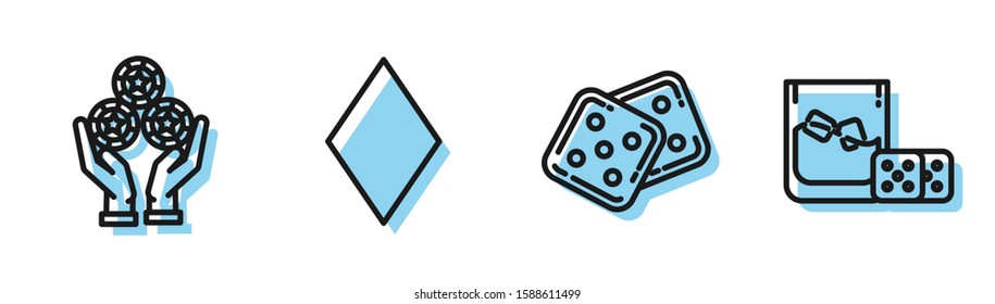 Set line Game dice, Hand holding casino chips, Playing card with diamonds symbol and Game dice and glass of whiskey with ice cubes icon. Vector