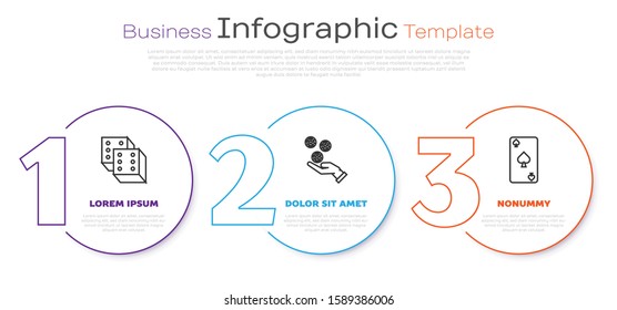Set line Game dice, Hand holding casino chips and Playing card with spades symbol. Business infographic template. Vector