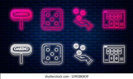 Set line Game dice, Hand holding casino chips, Casino signboard and Online poker table game. Glowing neon icon on brick wall. Vector