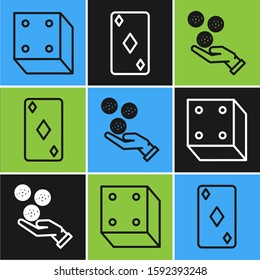 Set line Game dice, Hand holding casino chips and Playing card with diamonds symbol icon. Vector