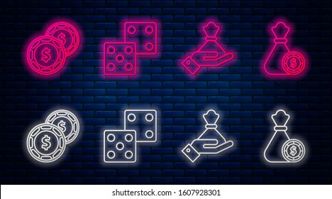 Set line Game dice, Hand holding money bag, Casino chip with dollar and Money bag and casino chips. Glowing neon icon on brick wall. Vector
