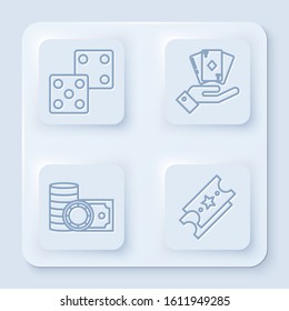 Set line Game dice, Hand holding deck of playing cards, Casino chips and stacks money cash and Lottery ticket. White square button. Vector