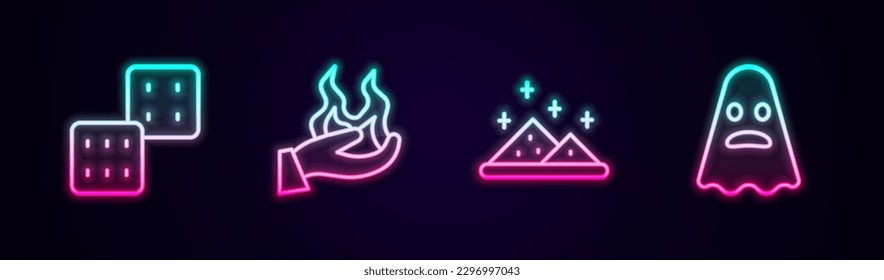 Set line Game dice, Hand holding fire, Magic powder and Ghost. Glowing neon icon. Vector