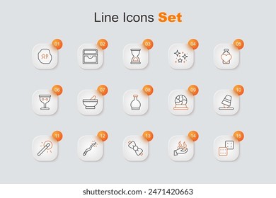Juego de dados, mano sosteniendo fuego, corbata de arco, varita mágica, dedales, bola y botella con icono de poción. Vector