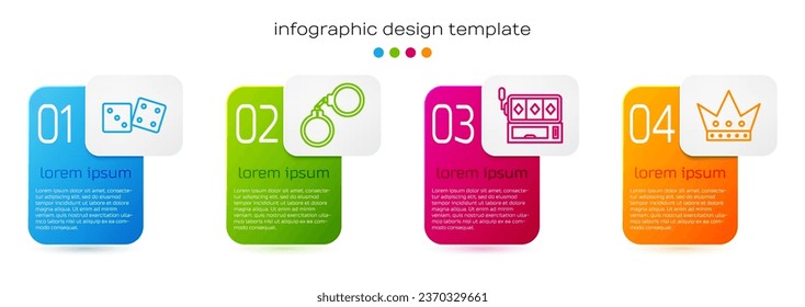 Set line Game dice, Handcuffs, Slot machine and King playing card. Business infographic template. Vector