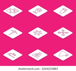 Set line Game dice, Hexagram sheriff, Revolver gun in holster, Pickaxe, Crossed arrows, Smoking pipe and Money bag icon. Vector