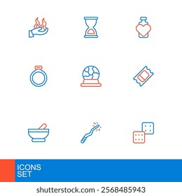 Set line Game dice, Magic wand, Witch cauldron, Circus ticket, stone ring, ball, Bottle with love potion and Old hourglass icon. Vector