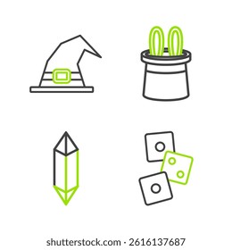 Set line Game dice, Magic stone, Magician hat and rabbit ears and Witch icon. Vector