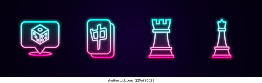 Set line Game dice, Mahjong pieces, Chess and . Glowing neon icon. Vector