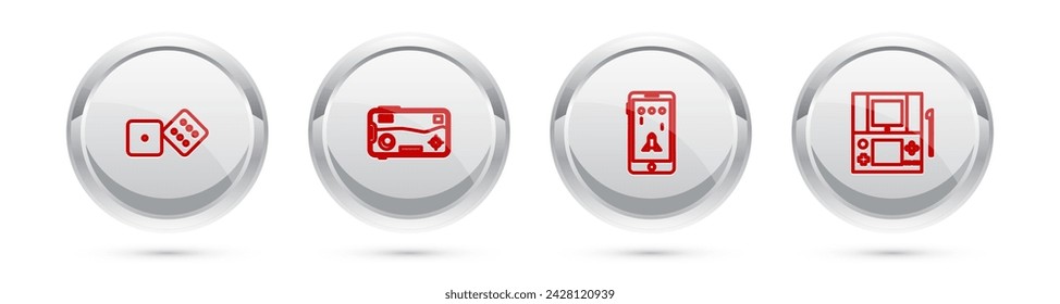 Set line Game dice, Mobile and playing in game,  and Portable video console. Silver circle button. Vector