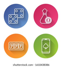 Set line Game dice, Money bag and casino chips, Slot machine with lucky sevens jackpot and Online poker table game. Color circle button. Vector