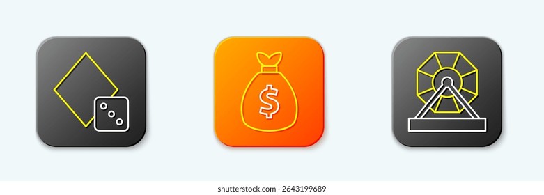 Set line Game dice, Money bag and Lottery machine icon. Vector