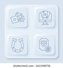 Set line Game dice, Online poker table game, Horseshoe and Online slot machine. White square button. Vector