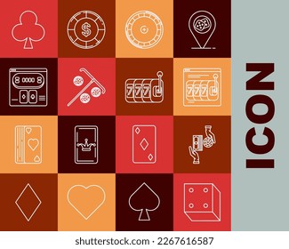 Set line Game dice, Online slot machine with lucky sevens jackpot, roulette wheel, Stick for, poker table game, Playing card clubs symbol and Slot icon. Vector