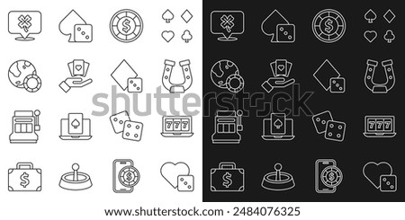 Set line Game dice, Online slot machine with jackpot, Horseshoe, Casino chips, Hand holding playing cards, clover and  icon. Vector