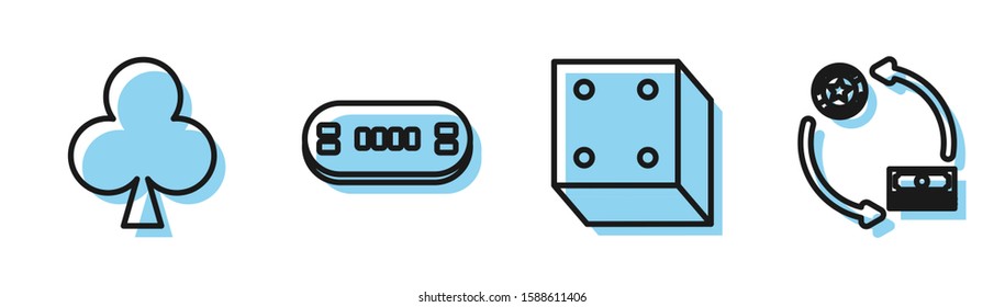 Set line Game dice, Playing card with clubs symbol, Poker table and Casino chips exchange on stacks of dollars icon. Vector