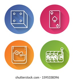 Set line Game dice, Playing card with spades symbol, Glass of whiskey and ice cubes and Slot machine. Color circle button. Vector