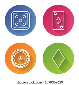 Set line Game dice, Playing card with clubs symbol, Casino roulette wheel and Playing card with diamonds symbol. Color circle button. Vector
