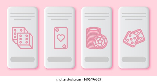 Set line Game dice, Playing card with heart symbol, Casino chips and Game dice. White rectangle button. Vector