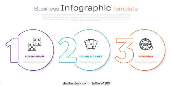Set line Game dice, Playing card with diamonds and Casino chips. Business infographic template. Vector