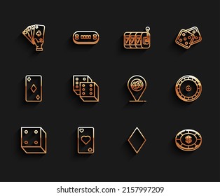 Set line Game dice, Playing card with heart symbol, Hand holding playing cards, diamonds, Casino chip dollar, roulette wheel and location icon. Vector