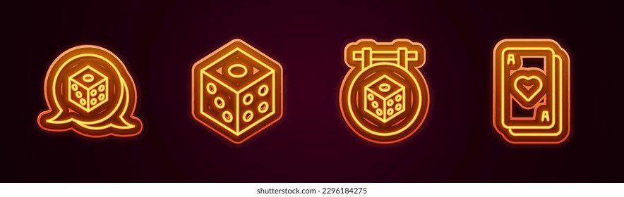 Set line Game dice,  and Playing cards. Glowing neon icon. Vector