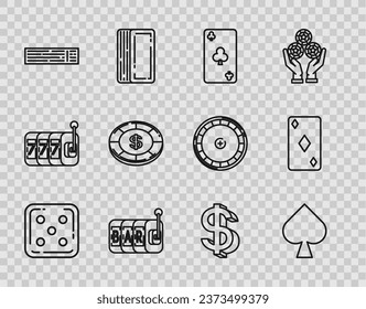 Set line Game dice, Playing card with spades symbol, clubs, Slot machine, Deck of playing cards, Casino chip dollar, Dollar and diamonds icon. Vector