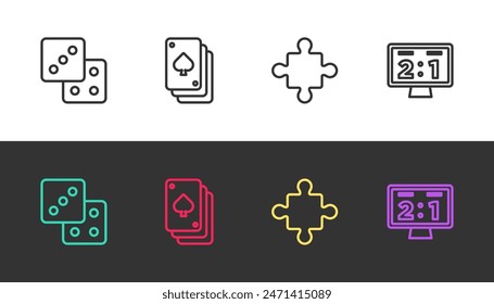 Set line Spiel Würfel, Spielkarten, Puzzle Stücke Spielzeug und Sport mechanische Anzeigetafel auf schwarz-weiß. Vektorgrafik