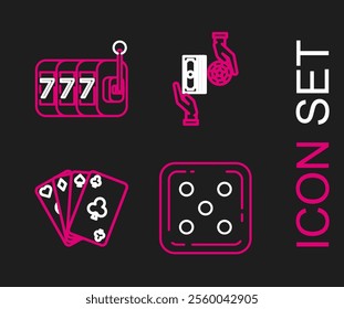 Set line Game dice, Playing cards, Casino chips exchange on stacks of dollars and Slot machine with lucky sevens jackpot icon. Vector