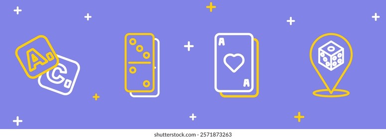 Set line Game dice, Playing cards, Domino and Bingo icon. Vector