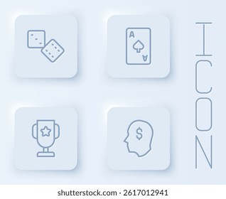 Set line Game dice, Playing card with spades symbol, Casino poker trophy cup and Lucky player. White square button. Vector