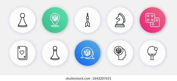 Definir linha Dados do jogo, Jogando cartas, Xadrez, seta Dart, Raquete e ícone de peão. Vetor