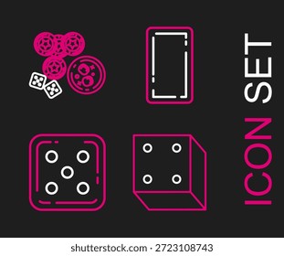 Fije los dados del juego de la línea, jugando la tarjeta detrás y las fichas del casino, juego y vaso del whisky con el icono de los cubos. Vector