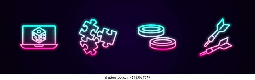 Set line Game dice, Puzzle pieces toy, Checker game chips and Dart arrow. Glowing neon icon. Vector