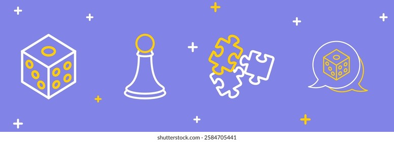 Set line Game dice, Puzzle pieces toy, Chess pawn and  icon. Vector