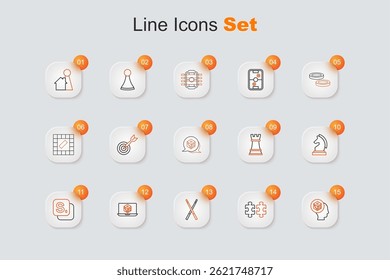 Set line Game dice, Puzzle pieces toy, Crossed billiard cues, Bingo, Chess,  and  icon. Vector