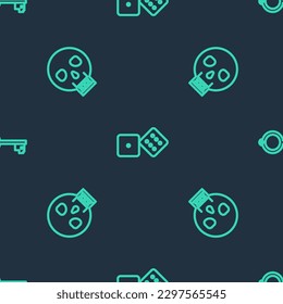 Set line Game dice, Skull and Ancient key for game on seamless pattern. Vector