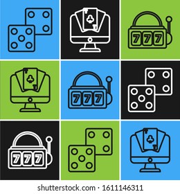 Set line Game dice, Slot machine with lucky sevens jackpot and Online poker table game icon. Vector