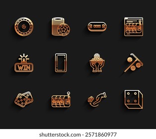 Set line Game dice, Slot machine, Casino roulette wheel, Human hand throwing game, Playing card back, Stick for chips and Hand holding casino icon. Vector