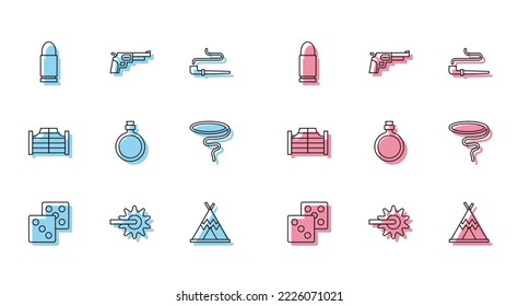 Set line Game dice, Spur, Bullet, Indian teepee or wigwam, Canteen water bottle, Lasso, Saloon door and Revolver gun icon. Vector