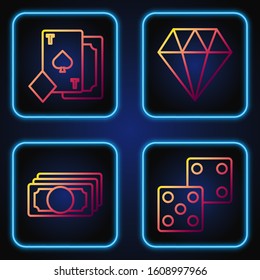 Set line Game dice, Stacks paper money cash, Playing card with spades and Diamond. Gradient color icons. Vector