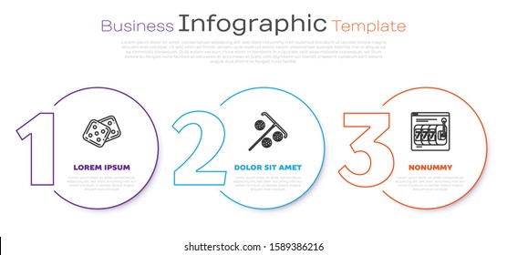 Set line Game dice, Stick for chips and Online slot machine with lucky sevens jackpot. Business infographic template. Vector