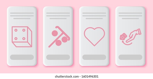 Set line Game dice, Stick for chips, Playing card with heart symbol and Human hand throwing game dice. White rectangle button. Vector