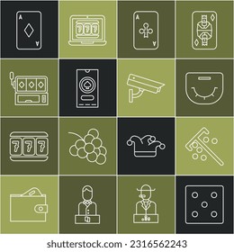 Set line Game dice, Stick for chips, Poker table, Playing card with clubs, Casino poker tournament invitation, Slot machine, diamonds and Security camera icon. Vector